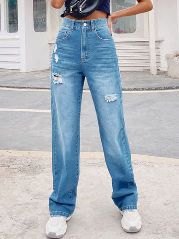 Woochic longue jeans déchiré troué taille haute ample mode femme pantalons Bleu XS